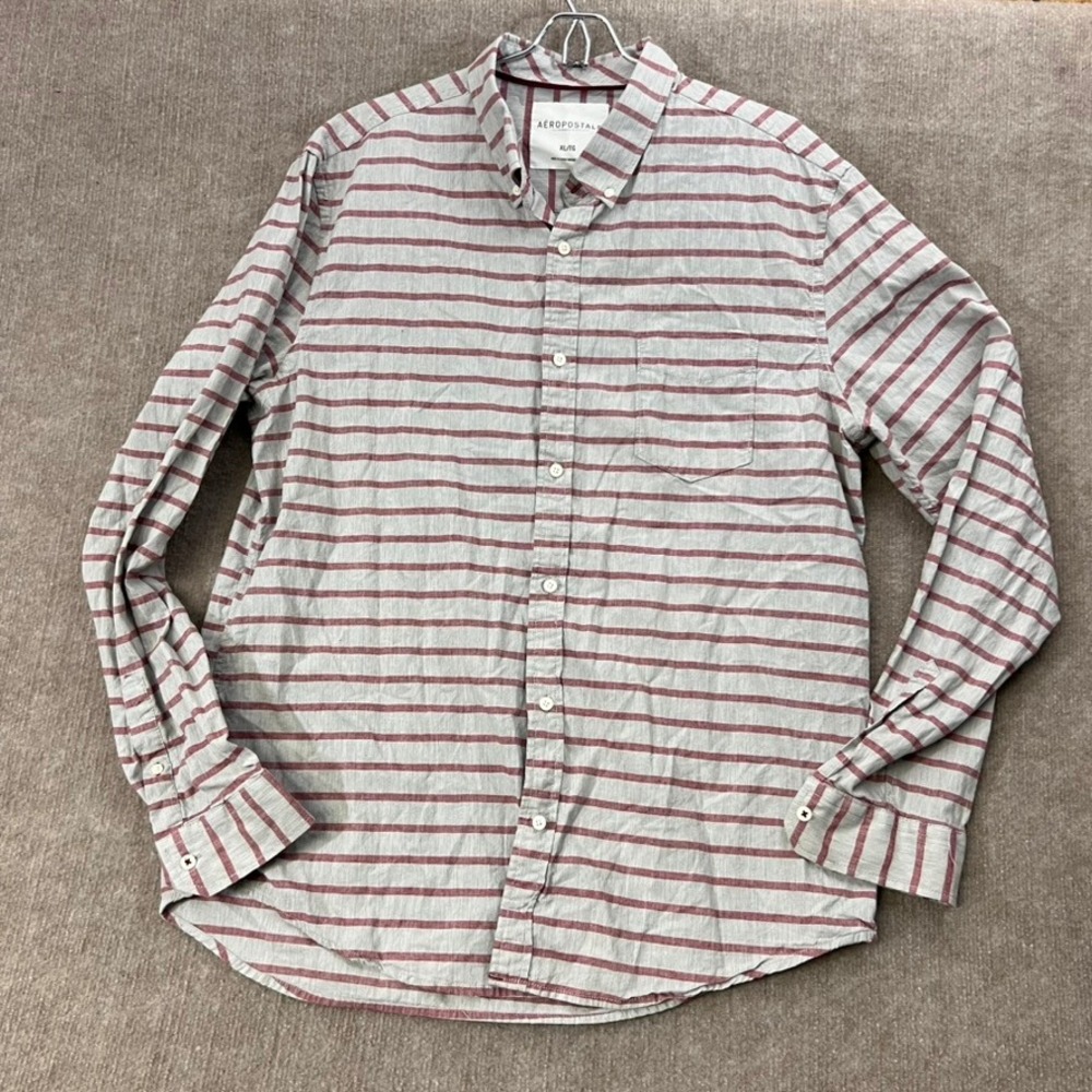 Aeropostale Men XL Button Down Shirt Striped Gray Red Long Sleeve‎ Casual Preppy